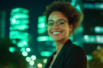 Young smiling business posing confidently, dressed in modern business clothes, against a backdrop of tech city with illuminated office building. Inovation, Startup, Bank, Fintech.