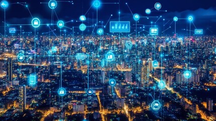 City data security Networks connected over buildings at night