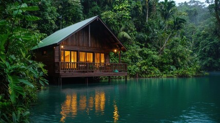 Fototapeta premium Serene Lakeside Cabin Surrounded by Lush Tropical Jungle Serenity