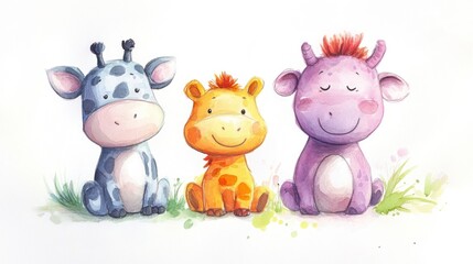 Obraz premium Three adorable watercolor animal friends sitting together happily on grass