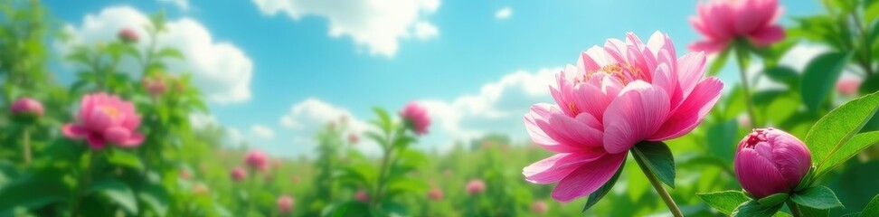 Obraz premium Peony blooms against bright green foliage and sky background, leafy greens, greenery, bloom