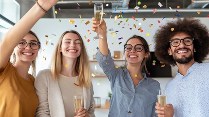 A small team in a bright startup office celebrating their first product launch with confetti and champagne , isolated on a white background