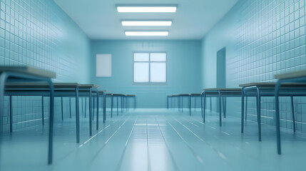 Bright and Clean Classroom Interior with Empty Desks and Chairs