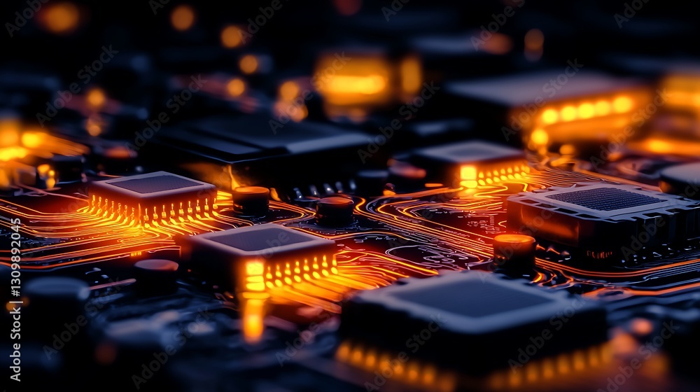 Poster close-up view of glowing microchips on a circuit board with intricate patterns and connections