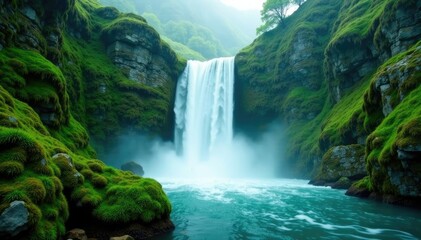 Fototapeta premium Emerald waters cascade over moss-covered rocks, mist, landscape, water