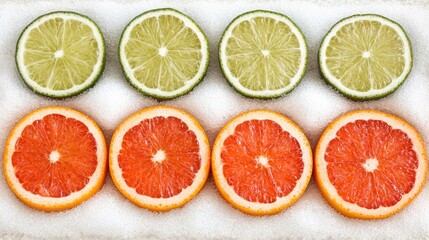 Fototapeta premium Citrus Slices on Sugar Limes & Grapefruit in a Row, Overhead Flat Lay Food Photography