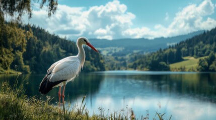 Stork standing near a lake with mountains in the background with copy space