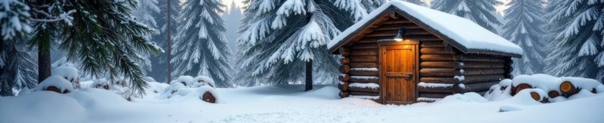 Snow-covered shed with chopped wood and a wooden door, frosty, trees
