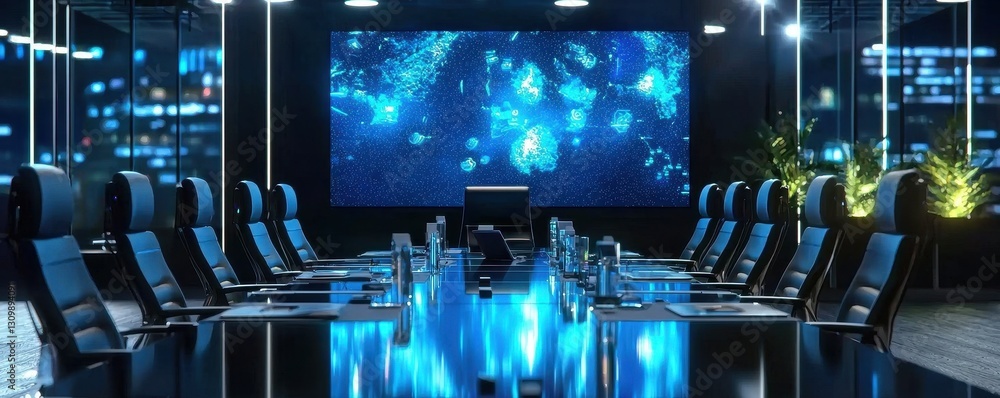 Poster efficient meeting space designed for digital collaboration and productivity.