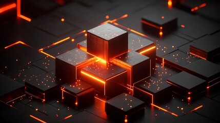 Abstract futuristic cubes glowing with orange light on a dark background