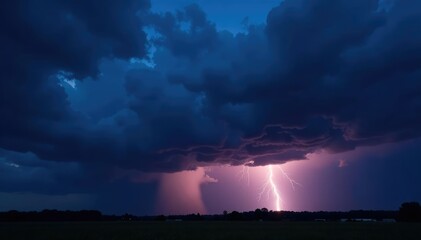 Heavy stormy sky at night with dark clouds and lightning, ominous, nighttime, gloom