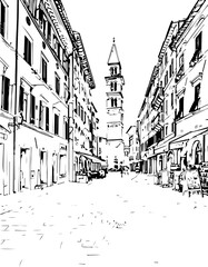 Obraz premium church, architecture, cathedral, building, coloring page, drawing, city, europe, sketch, paris, gothic, travel, vector, illustration, old, florence, italy, art, tower, town, landmark, street, religio