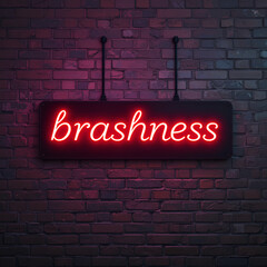 Night view of neon sign on brick wall with inscription brashness