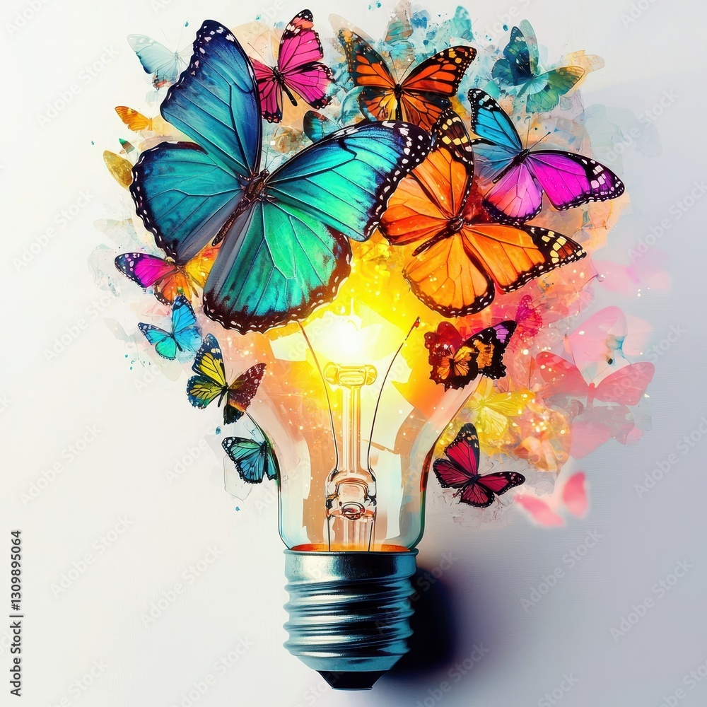 Poster a captivating scene of butterflies swarming an illuminated lightbulb captures imagination.