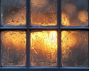 Sunset glow seen through wet window pane