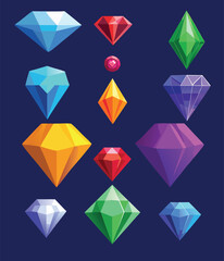 Colorful geometric gemstones, Faceted crystal shapes, Vibrant jewel tones, Blue diamond, Red ruby, 