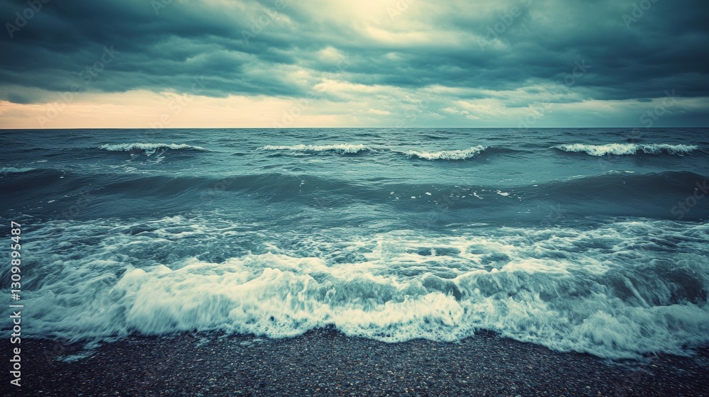 Poster gentle waves caress a lonely seashore under an overcast sky, inviting tranquility and reflection gen