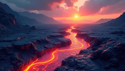 Sparkling river of molten lava on ancient land, paintings of earthy colors, rivers, landscape