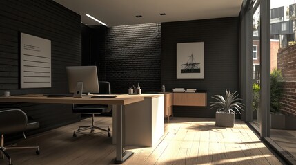 Fototapeta premium Modern dark office sunlight wood floor