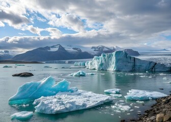 Icebergs in Glacial Lagoon Under Blue Sky