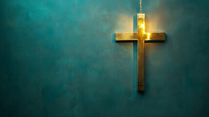 Illuminated gold cross on teal wall. Possible use Religious stock photo