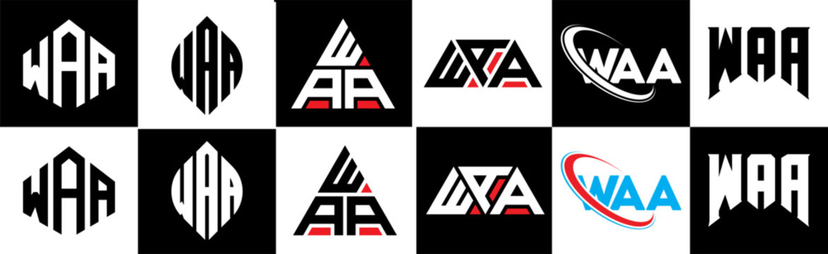 WAA letter logo design in six style. WAA polygon, circle, triangle, hexagon, flat and simple style with black and white color variation letter logo set in one artboard. WAA minimalist and classic logo