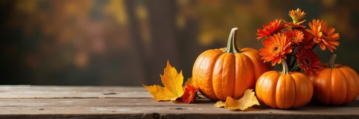 Pumpkins flowers arrangement on a wooden table with a seasonal background, autumn decor, autumn colors, pumpkin arrangement