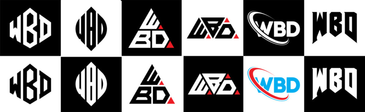 WBD letter logo design in six style. WBD polygon, circle, triangle, hexagon, flat and simple style with black and white color variation letter logo set in one artboard. WBD minimalist and classic logo