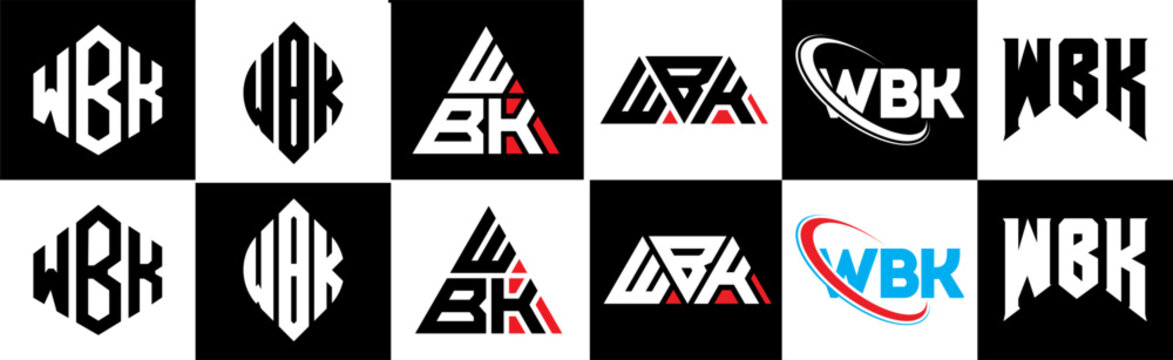 WBK letter logo design in six style. WBK polygon, circle, triangle, hexagon, flat and simple style with black and white color variation letter logo set in one artboard. WBK minimalist and classic logo