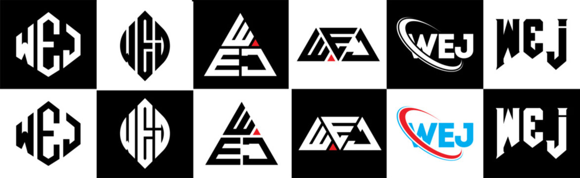 WEJ letter logo design in six style. WEJ polygon, circle, triangle, hexagon, flat and simple style with black and white color variation letter logo set in one artboard. WEJ minimalist and classic logo