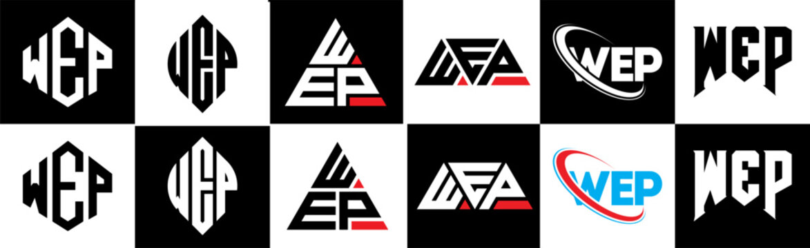 WEP letter logo design in six style. WEP polygon, circle, triangle, hexagon, flat and simple style with black and white color variation letter logo set in one artboard. WEP minimalist and classic logo