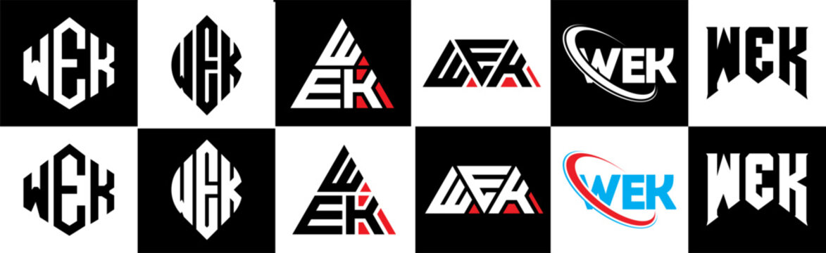 WEK letter logo design in six style. WEK polygon, circle, triangle, hexagon, flat and simple style with black and white color variation letter logo set in one artboard. WEK minimalist and classic logo