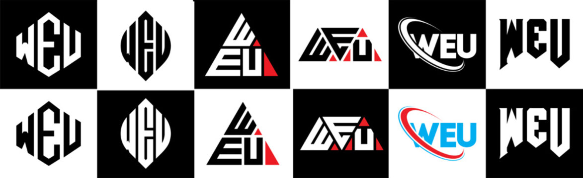 WEU letter logo design in six style. WEU polygon, circle, triangle, hexagon, flat and simple style with black and white color variation letter logo set in one artboard. WEU minimalist and classic logo