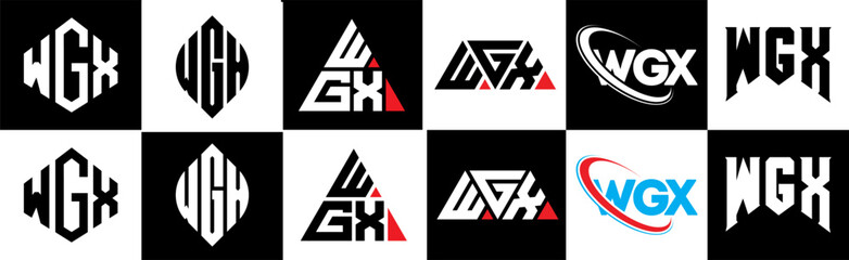 WGX letter logo design in six style. WGX polygon, circle, triangle, hexagon, flat and simple style with black and white color variation letter logo set in one artboard. WGX minimalist and classic logo