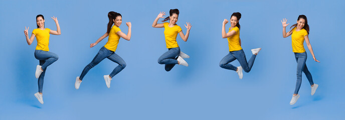 Collage of joyful asian girl jumping in air on purple background, having fun, showing happy...