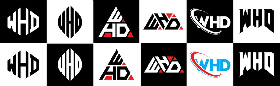 WHD letter logo design in six style. WHD polygon, circle, triangle, hexagon, flat and simple style with black and white color variation letter logo set in one artboard. WHD minimalist and classic logo