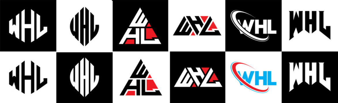 WHL letter logo design in six style. WHL polygon, circle, triangle, hexagon, flat and simple style with black and white color variation letter logo set in one artboard. WHL minimalist and classic logo