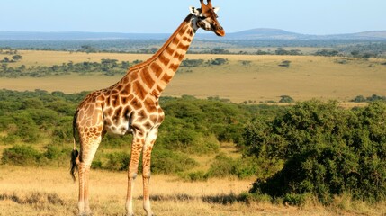 Obraz premium Majestic Giraffe in the Savannah: Capture the towering presence of a giraffe, gracefully surveying the vast African savannah landscape under a clear blue sky.