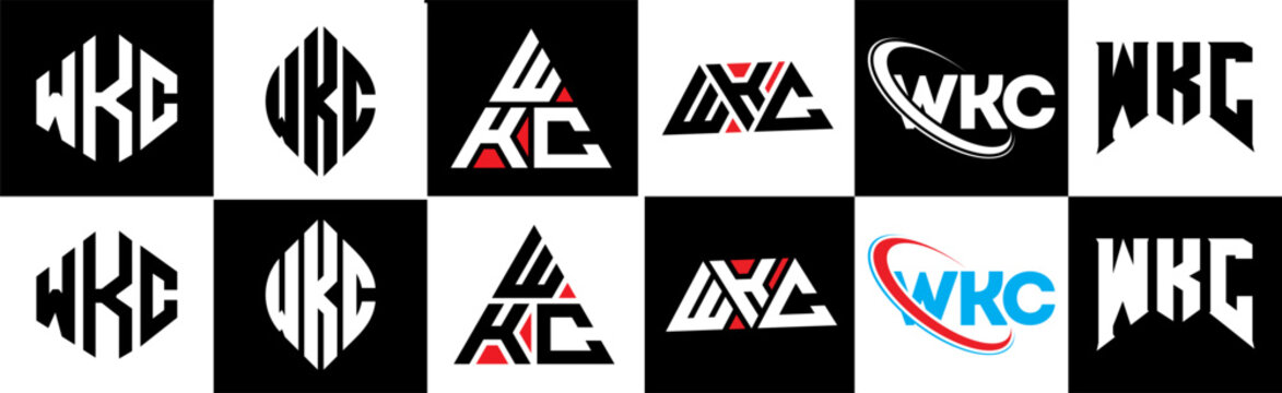 WKC letter logo design in six style. WKC polygon, circle, triangle, hexagon, flat and simple style with black and white color variation letter logo set in one artboard. WKC minimalist and classic logo
