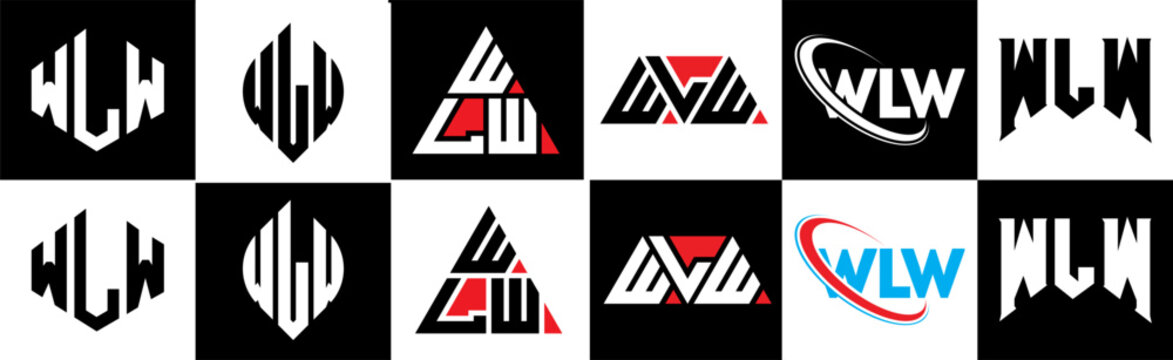 WLW letter logo design in six style. WLW polygon, circle, triangle, hexagon, flat and simple style with black and white color variation letter logo set in one artboard. WLW minimalist and classic logo