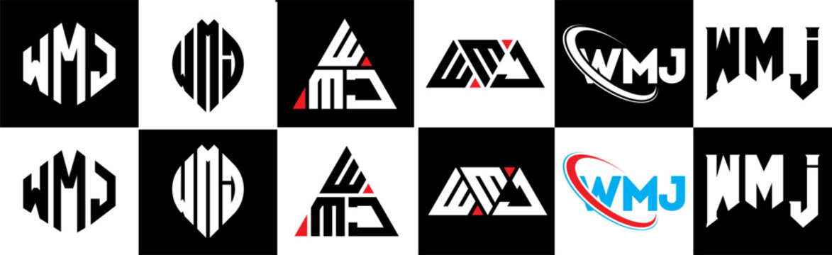 WMJ letter logo design in six style. WMJ polygon, circle, triangle, hexagon, flat and simple style with black and white color variation letter logo set in one artboard. WMJ minimalist and classic logo