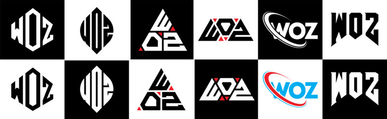 WOZ letter logo design in six style. WOZ polygon, circle, triangle, hexagon, flat and simple style with black and white color variation letter logo set in one artboard. WOZ minimalist and classic logo © mamun25g