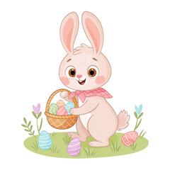 Cute Easter Bunny with a basket. Hand drawn trendy flat style isolated icon. Rabbit or hare looking for eggs in a meadow with flowers, spring festive animal holiday character. Vector illustration