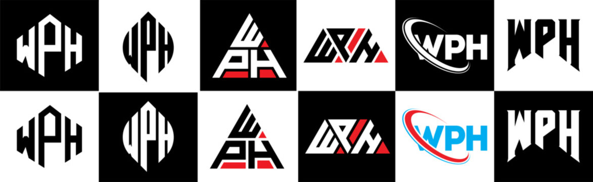 WPH letter logo design in six style. WPH polygon, circle, triangle, hexagon, flat and simple style with black and white color variation letter logo set in one artboard. WPH minimalist and classic logo