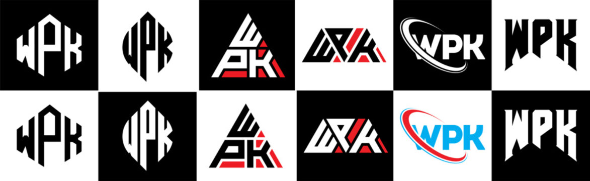 WPK letter logo design in six style. WPK polygon, circle, triangle, hexagon, flat and simple style with black and white color variation letter logo set in one artboard. WPK minimalist and classic logo
