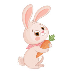 Cute Easter Bunny hugs big carrot. Hand drawn trendy flat style isolated icon. Rabbit or hare with ripe and juicy carrot, spring festive animal holiday character. Vector illustration
