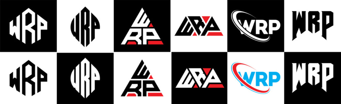 WRP letter logo design in six style. WRP polygon, circle, triangle, hexagon, flat and simple style with black and white color variation letter logo set in one artboard. WRP minimalist and classic logo