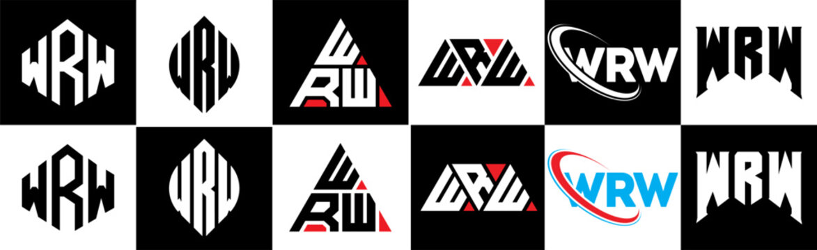 WRW letter logo design in six style. WRW polygon, circle, triangle, hexagon, flat and simple style with black and white color variation letter logo set in one artboard. WRW minimalist and classic logo