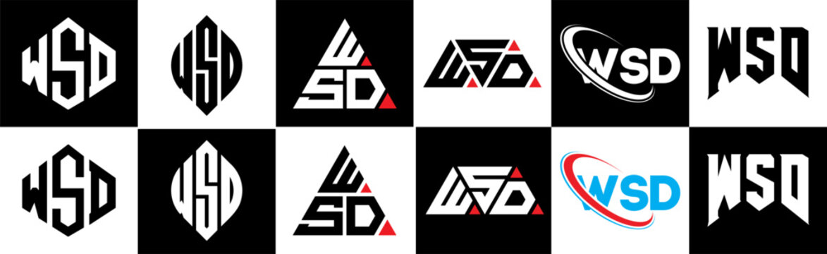 WSD letter logo design in six style. WSD polygon, circle, triangle, hexagon, flat and simple style with black and white color variation letter logo set in one artboard. WSD minimalist and classic logo