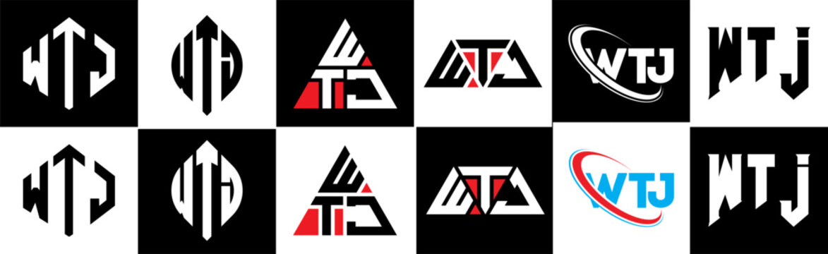 WTJ letter logo design in six style. WTJ polygon, circle, triangle, hexagon, flat and simple style with black and white color variation letter logo set in one artboard. WTJ minimalist and classic logo